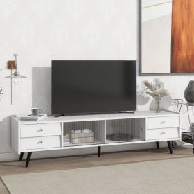 ON-TREND Contemporary TV Stand with Sliding Fluted Glass Doors, Slanted Drawers Media Console for TVs Up to 70", Chic Elegant TV Cabinet with Golden M