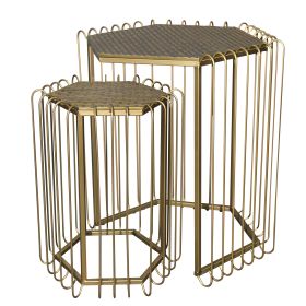 22, 19 Inch 2 Piece Nesting End Side Table Set, Hexagonal Top, Wire Frame, Metal, Antique Brass