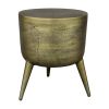 16 Inch Classic Vintage Round 3 Legs Decorative Aluminum Side End Table, Djembe Drum Shape, Antique Brass