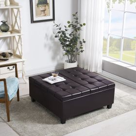 Large Square Faux Leather Storage Ottoman | Coffee table for Living Room & Bedroom (Dark Brown)