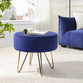 17.7" Decorative Round Shaped Ottoman with Metal Legs - Navy Blue and Gold