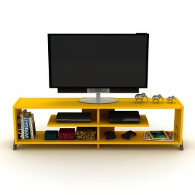 FurnisHome Store Mid Century Modern Tv Stand 4 Shelves Open Storage Wood Legs Entertainment Centre 57 inch Low Tv Unit, Walnut/Yellow