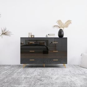 High Glossy Surface 6 Drawers Chest of Drawer with Golden Handle and Golden Steel Legs Black Color Vanity