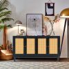 Handcrafted Premium Grain Panels,Rattan Sideboard Buffer Cabinet,Accent Storage Cabinet With 4 Rattan Doors, Modern Storage Cupboard Console Table wit