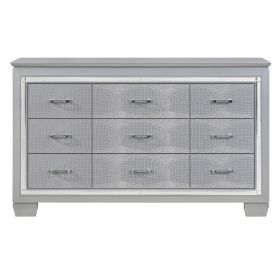 Modern Glam Silver Finish 1pc Nine Drawers Dresser Faux Alligator Textured Drawers Fronts Faux Crystals Wooden Bedroom Furniture