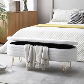 46.9" Width Oval Storage Bench with Gold Legs,Teddy Fabric Upholstered Ottoman Storage Benches for Bedroom End of Bed,Sherpa Fabric Bench for Living R