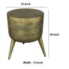 16 Inch Classic Vintage Round 3 Legs Decorative Aluminum Side End Table, Djembe Drum Shape, Antique Brass