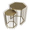 22, 19 Inch 2 Piece Nesting End Side Table Set, Hexagonal Top, Wire Frame, Metal, Antique Brass