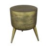 16 Inch Classic Vintage Round 3 Legs Decorative Aluminum Side End Table, Djembe Drum Shape, Antique Brass