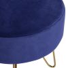 17.7" Decorative Round Shaped Ottoman with Metal Legs - Navy Blue and Gold