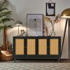 Handcrafted Premium Grain Panels,Rattan Sideboard Buffer Cabinet,Accent Storage Cabinet With 4 Rattan Doors, Modern Storage Cupboard Console Table wit