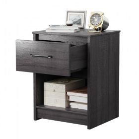 Wooden End Side Table Nightstand with Drawer Storage Shelf (Color: Black)