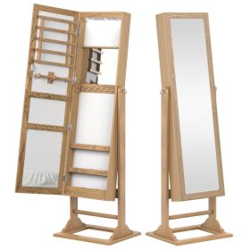 Freestanding Lockable Jewelry Armoire with Full-Length Mirror and 6 LED Lights (Color: Natural)